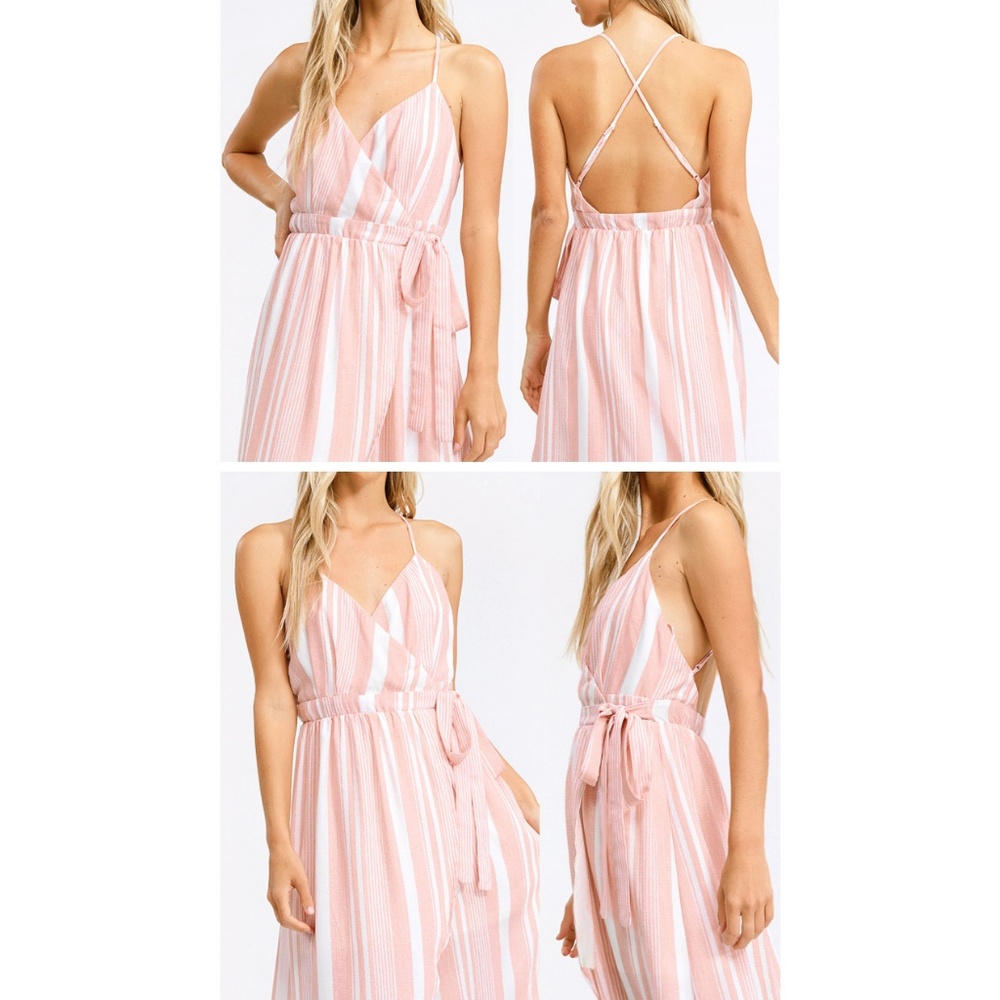 Restock✨Pink Stripe Backless HiLow Midi Wrap Dress - Picture 5 of 8